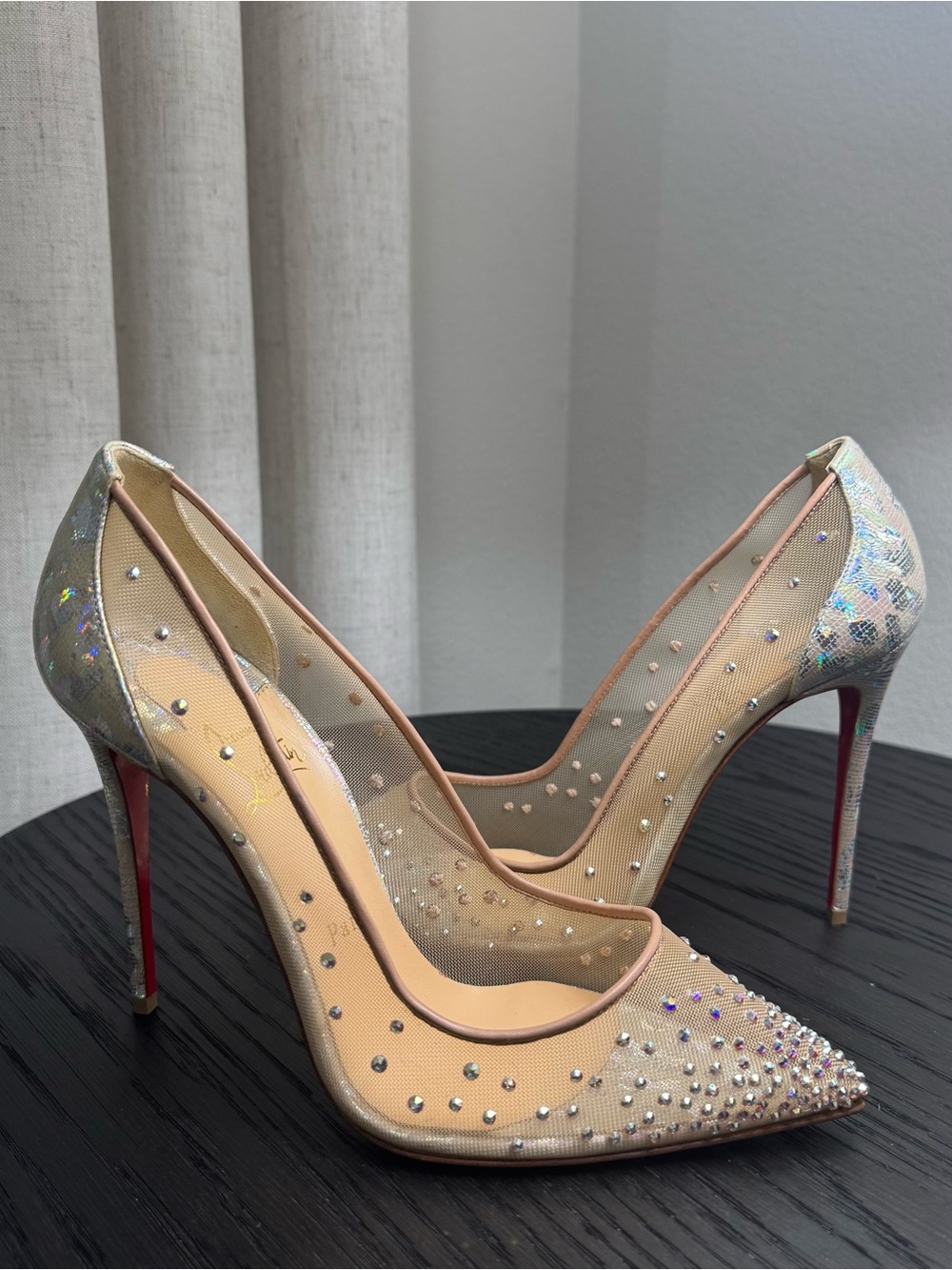Christian Louboutin Follies Strass 100 Pumps Mesh Nude/Silver 38